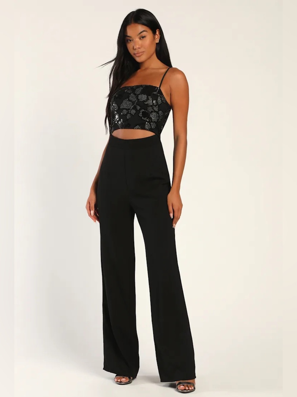 NWT Lulu's “All Nighter” Black Sequin Embellished Bodice Wide-Leg Jumpsuit